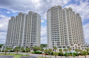 The property has two distinctive towers.