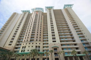 View from the street looking up at the exterior of Aqua Resort