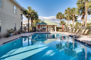 Outside swimming pool at Caribbean Dunes in Crystal Beach