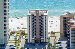 Birds eye view of Clearwater Condos with the Gulf in the background