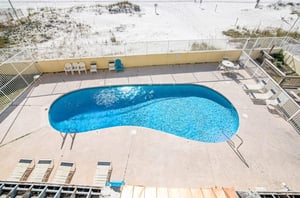 Aerial view of the outdoor swimming pool and pool deck in Gulf Shores Alabama
