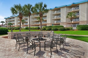The firepit has seating for a large group.