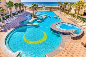 Overhead view of the outdoor swimming pool at Crystal Towers