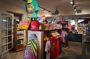 Shelves with Florida and St. Pete Beach souvenirs at the resorts gift shop