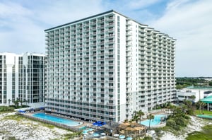 This tower houses dozens of condos with balconies providing sweeping views