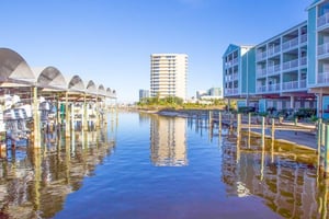 The private pier in front of Jubilee Landing in Orange Beach Alabama