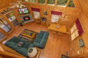 Looking down at the living room at Cubs Crossing, a 3 bedroom cabin rental located in Gatlinburg