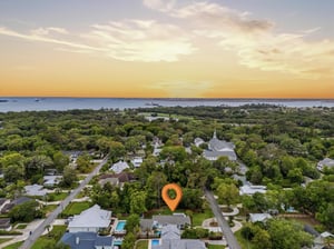 Aerial view of 530 Delegal showing the property location and surrounding neighborhood near St. Simons Sound.