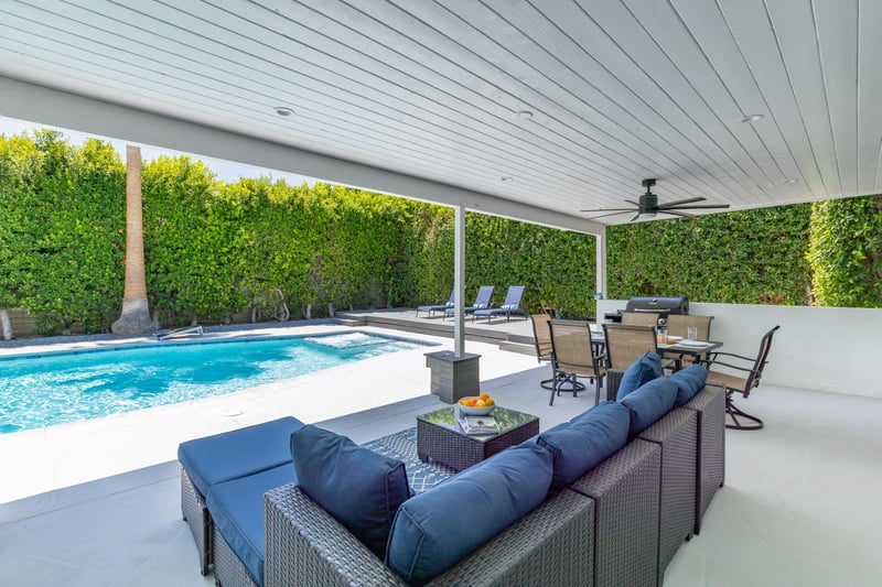 Multiple covered lounge areas outside