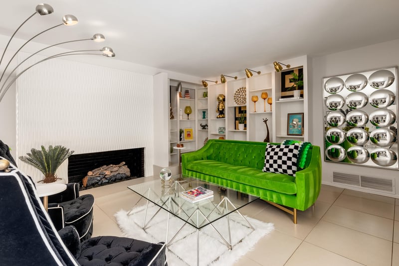 Enter into a midcentury modern formal living room