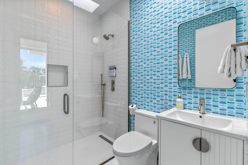 Full bathroom with amazing design next to the kitchen