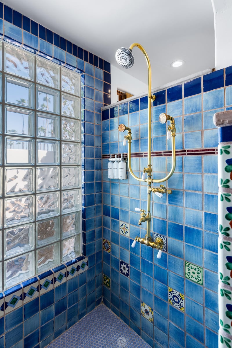 Walkin shower with tiles from Mexico and Italy