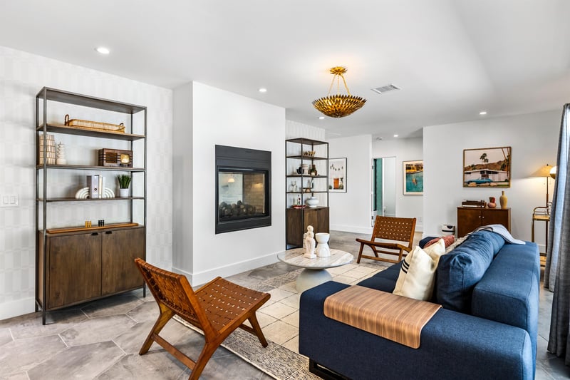 Relax in front of the indoor fireplace