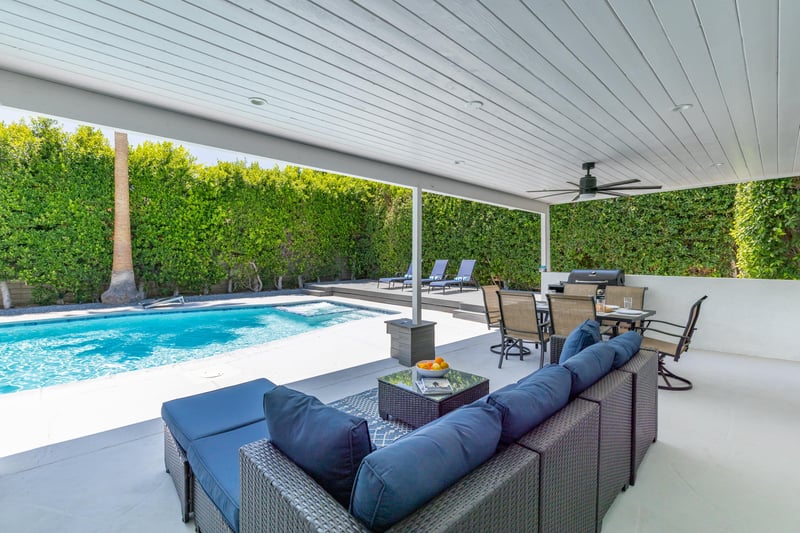 Multiple covered lounge areas outside