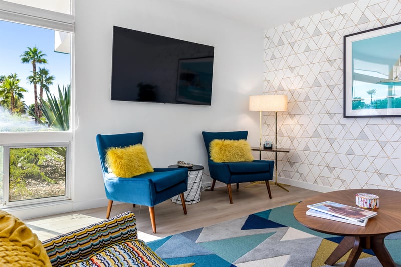 These blue and yellow chairs add a splash of color