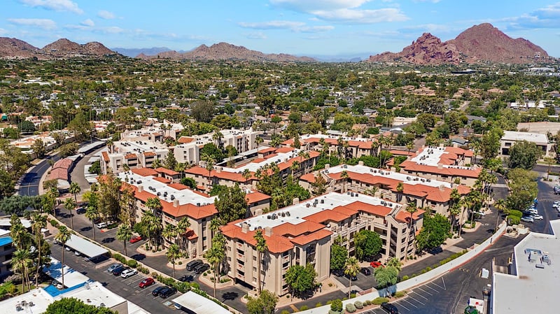 Aerial view of the community looking towards the mountains