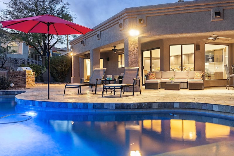 Twilight photo of the backyard at night