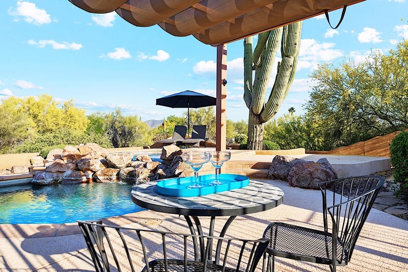Bistro set under the shaded awning