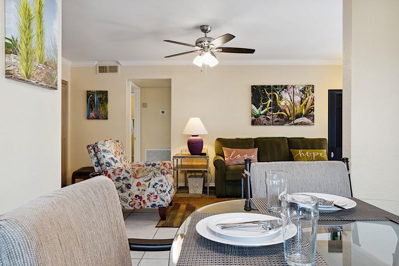 Dining area looking into living room