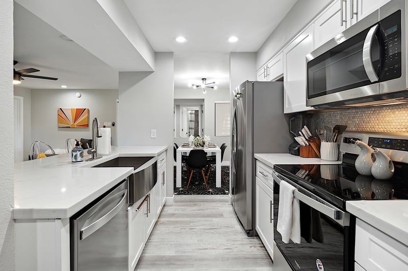 Kitchen looking into dining room.