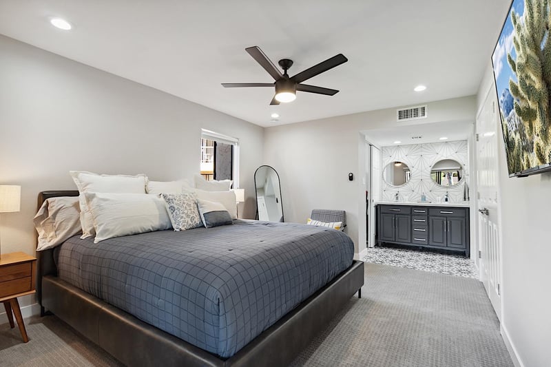 Master bedroom looking into master bathroom.