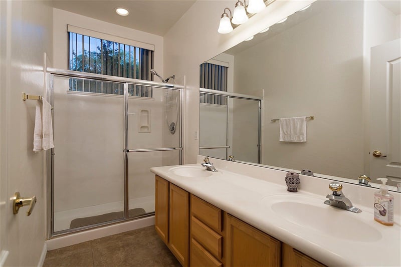 Large bathroom with double sink vanity  plenty of space for everyone