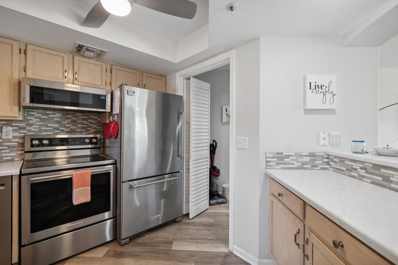 Stainless steel appliances complete the modern look in the home.