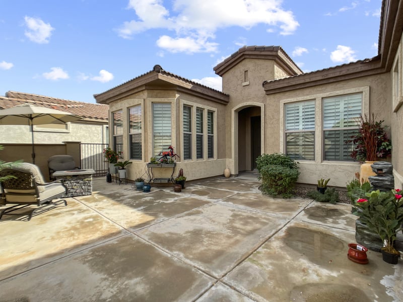 Private front yard with seating and fire pit
