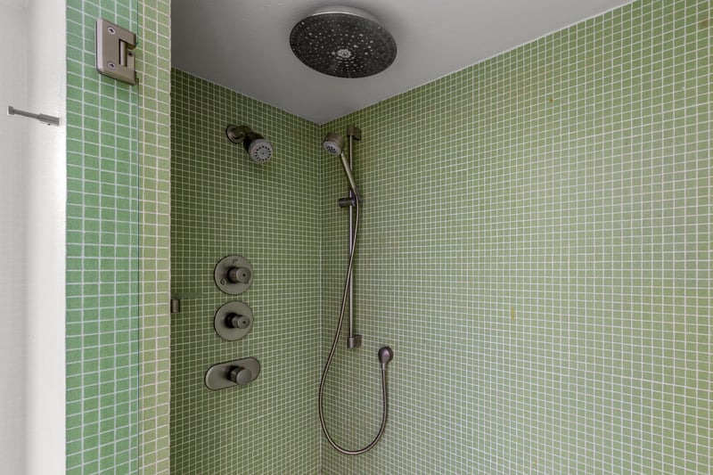 Ensuite bathroom with incredible tile, standalone shower, and door to the outside.