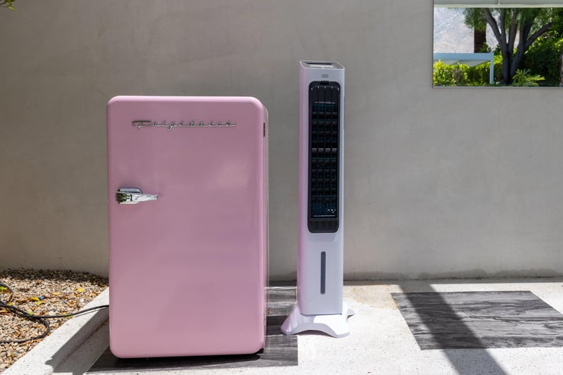 Outdoor fridge and fan.
