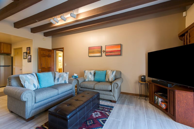 Features a smart TV, woodburning fireplace, and access to the patio.