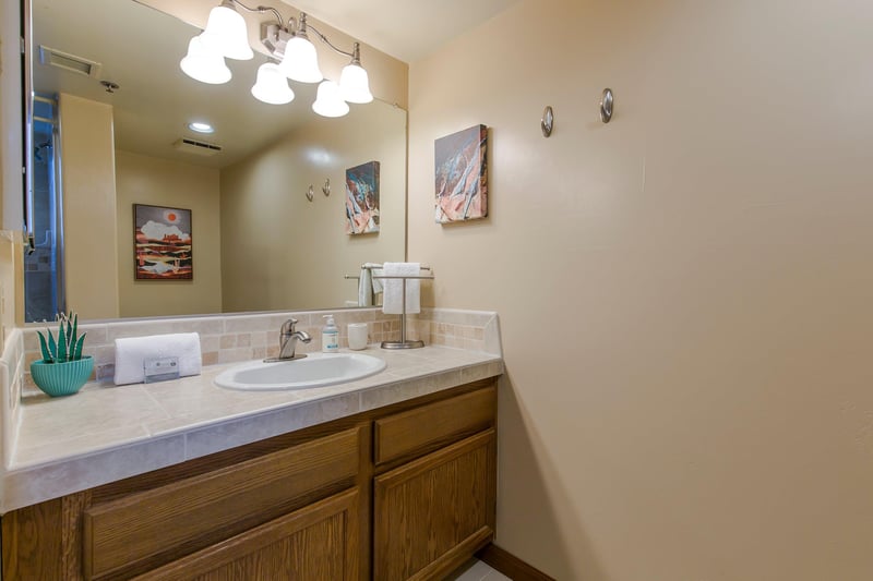 Plenty of counter space and a showertub combo.