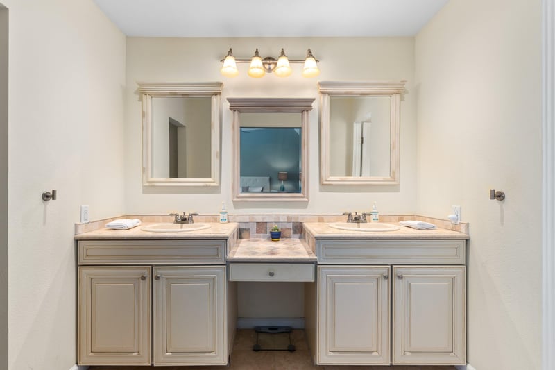 Includes dual vanity sinks.