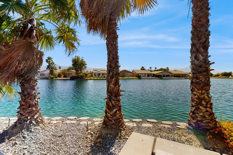 View from firepit with waterfront and mountain views.