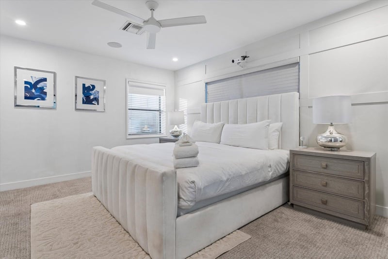King size bed, projector, and ensuite bathroom.