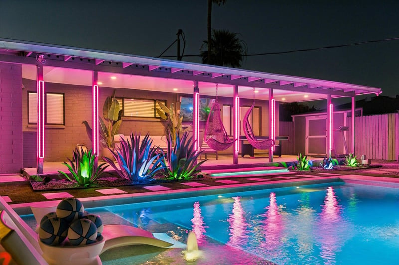 Equipped with outdoor seating, TV, pool table, swinging chairs, misters and speakers.