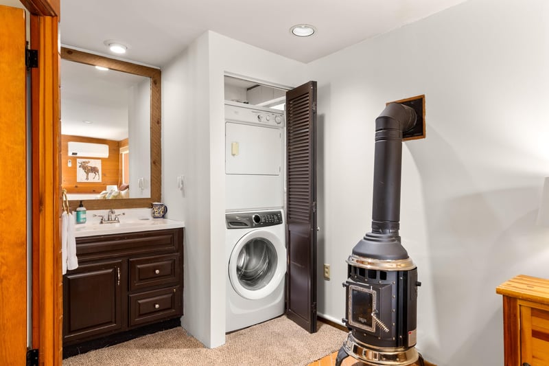 Washer, dryer, and full guest bathroom.