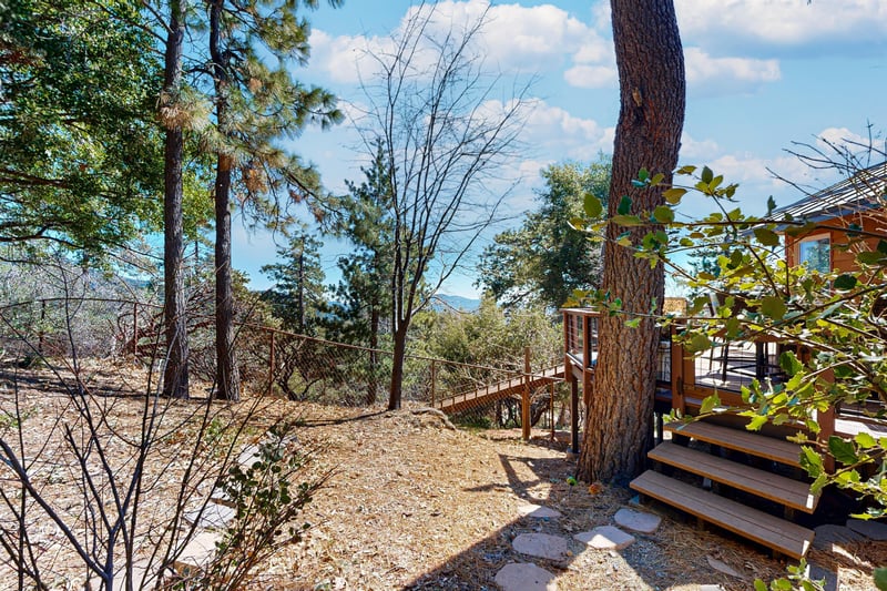 Steps leading to back deck and fully fenced dog run area.