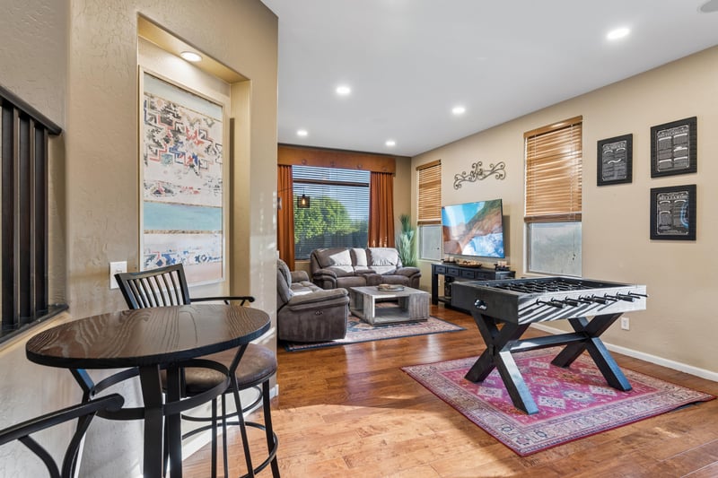 Features a pool table, foosball, and shuffleboard