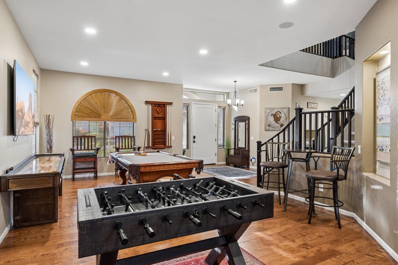 Features a pool table, foosball, and shuffleboard