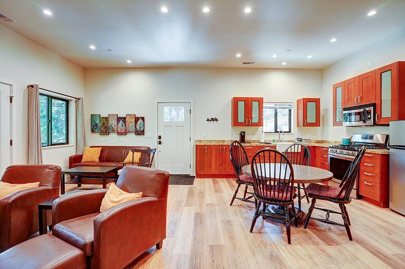 A second kitchen and living area can be found on the lower level of the home.