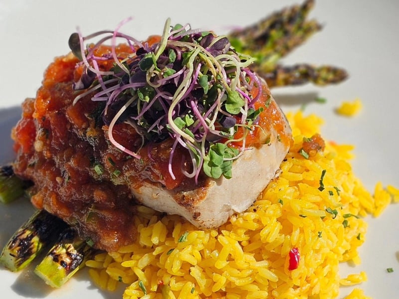Grilled Swordfish with asparagus and rice