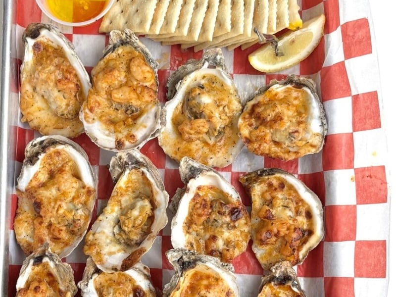 Oyster Orleans with shrimp, Monterey Jack cheese and more