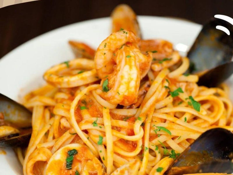 Seafood pasta with shrimp, calamari and mussels