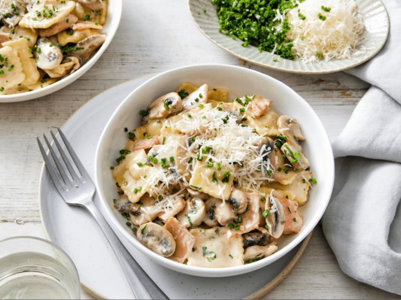Braised beef ravioli with a mushroom cream sauce