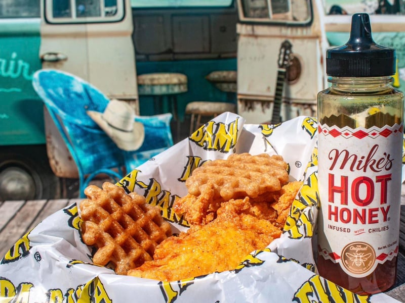 Chicken and waffles with hot honey