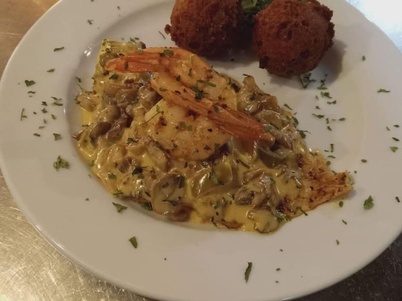 Flounder and Gulf Shrimp with mushroom creole cream sauce