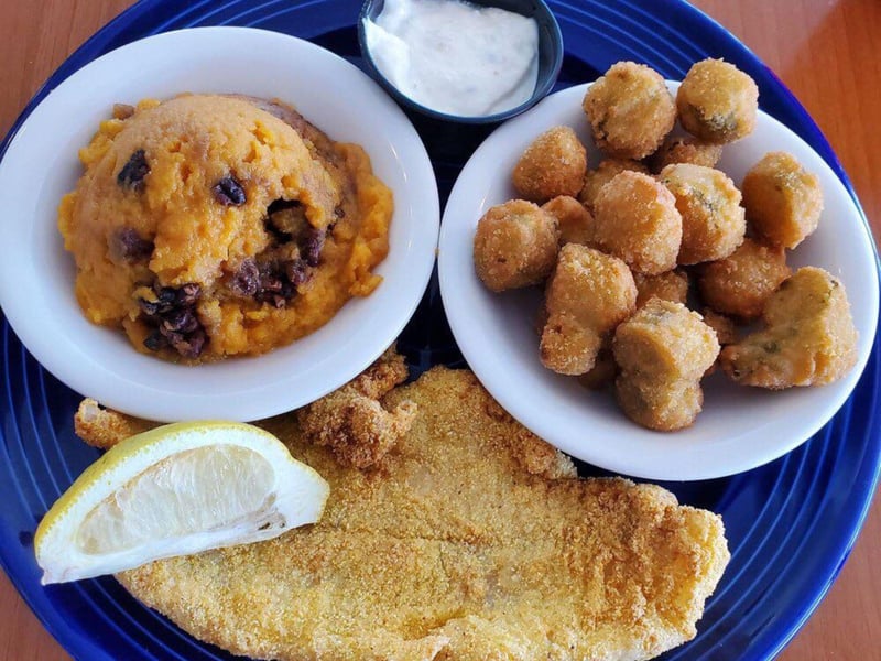 Fried with with sweet potato casserole and okra