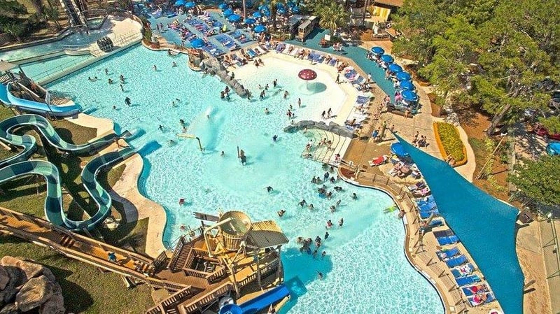 Aerial view of wave pool and attractions at Shipwreck Island Waterpark in Panama City Beach
