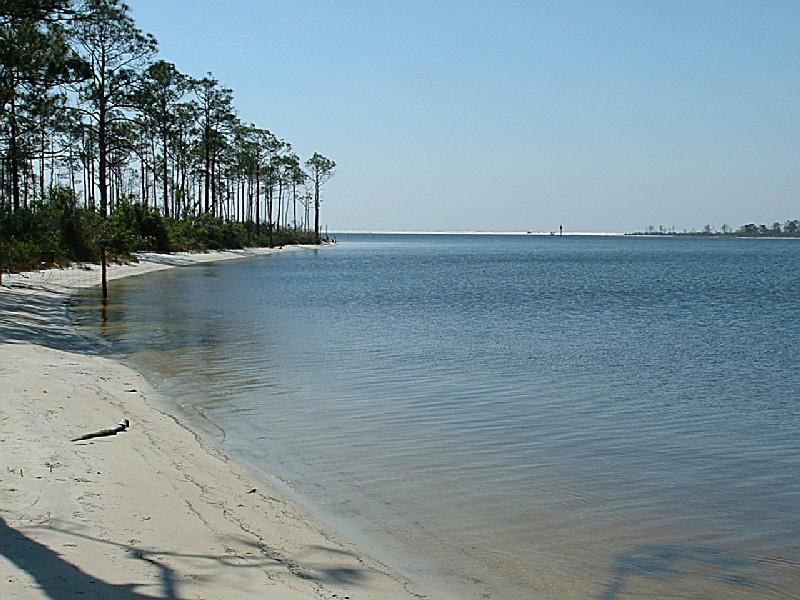 Sandy shoreline and calm water at Big Lagoon State Park near Pensacola Beach